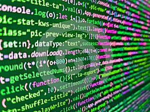 Programming code screen of software developer. Concept screen of experienced web developer. Code of javascript language on white