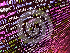 Programming code screen of software developer. Software developer programming code. Database bits access stream visualisation.