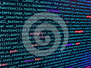 Programming code screen of software developer. Javascript code in bracket software. Tensorflow AI concept. Program development