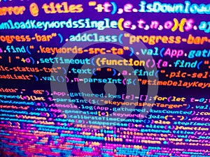 Programming code screen of software development. Programmer working on computer screen. Source code close-up. CSS, JavaScript and