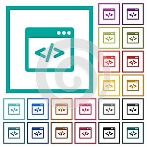 Programming code in software window flat color icons with quadrant frames