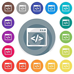 Programming code in software window flat white icons on round color backgrounds