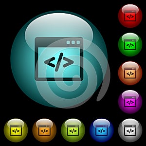 Programming code in software window icons in color illuminated glass buttons