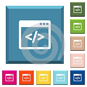 Programming code in software window white icons on edged square buttons