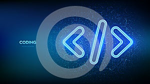 Programming code. Source code. Programming code icon on circuit board pattern background. Coding, hacker background. Coding