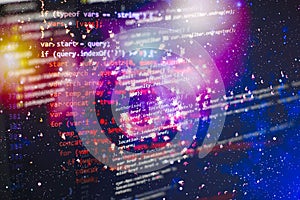 Programming code typing. Source code close-up. Programmer working on computer screen. Real software development code. Cyber space