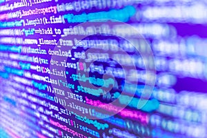 Programming code typing. Writing programming functions on laptop. Abstract IT technology background.
