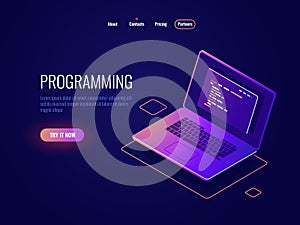 Programming and code writing isometric icon, software development, laptop with text of program code on screen, data