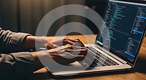 programming coder working on laptop coding software development workspace