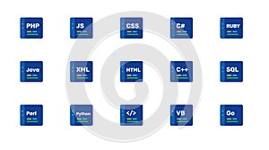 Programming coding code editor software application development icon set collection blue vector
