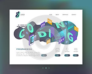 Programming, Coding Concept. Isometric Website Landing Page Template. Web Development Mobile Software