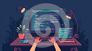 Programming and coding concept. Software development. illustration in flat style Generative AI