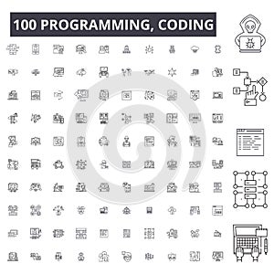 Programming, coding editable line icons, 100 vector set, collection. Programming, coding black outline illustrations