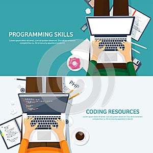 Programming,coding. Flat computing background. Code, hardware,software. Web development. Search engine optimization
