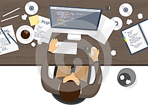 Programming,coding. Flat computing background. Code, hardware,software. Web development. Search engine optimization