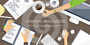 Programming,coding. Flat computing background. Code, hardware,software. Web development. Search engine optimization