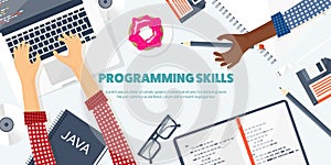 Programming,coding. Flat computing background. Code, hardware,software. Web development. Search engine optimization