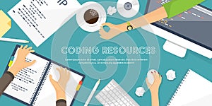 Programming,coding. Flat computing background. Code, hardware,software. Web development. Search engine optimization