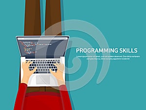 Programming,coding. Flat computing background. Code, hardware,software. Web development. Search engine optimization