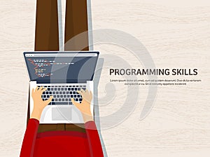Programming,coding. Flat computing background. Code, hardware,software. Web development. Search engine optimization