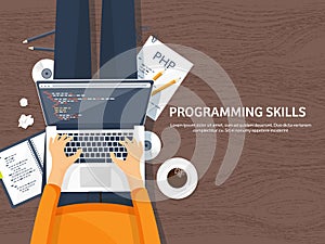 Programming,coding. Flat computing background. Code, hardware,software. Web development. Search engine optimization