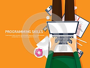 Programming,coding. Flat computing background. Code, hardware,software. Web development. Search engine optimization