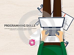 Programming,coding. Flat computing background. Code, hardware,software. Web development. Search engine optimization