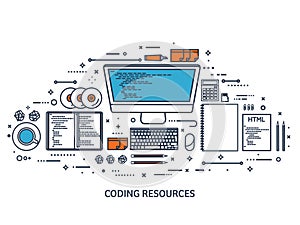 Programming,coding. Flat computing background. Code, hardware,software. Web development. Search engine optimization