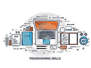 Programming,coding. Flat computing background. Code, hardware,software. Web development. Search engine optimization