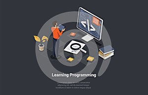 Programming And Coding Learning Concept. Software Coding, Testing, Debugging. Mobile Apps Programming. SEO, Search
