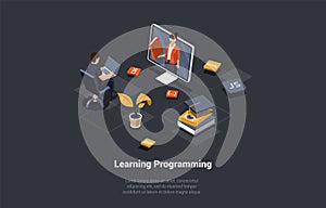 Programming And Coding Learning Concept. Software Coding, Testing, Debugging. Mobile Apps Programming. SEO, Search