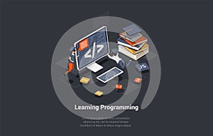 Programming And Coding Learning Concept. Software Coding, Testing, Debugging. Mobile Apps Programming. SEO, Search