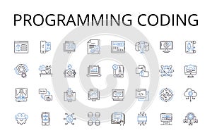 Programming coding line icons collection. Writing composition, Speaking articulation, Cooking cuisine, Eating consuming