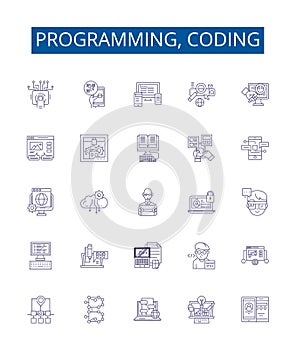 Programming, coding line icons signs set. Design collection of programming, coding, software, development, language