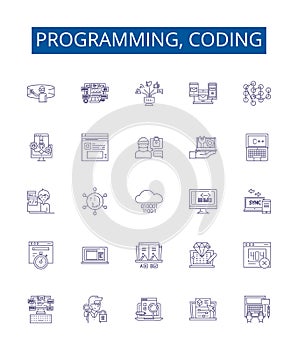 Programming, coding line icons signs set. Design collection of programming, coding, software, development, language