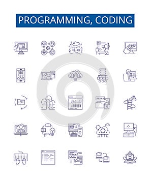 Programming, coding line icons signs set. Design collection of programming, coding, software, development, language