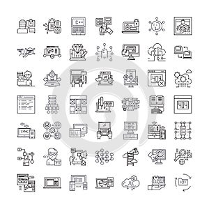 Programming and coding linear icons, signs, symbols vector line illustration set