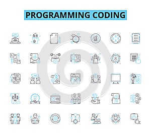 Programming coding linear icons set. Syntax, Algorithms, Debugging, Variables, Loops, Functions, Classes line vector and