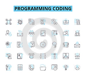 Programming coding linear icons set. Syntax, Algorithms, Debugging, Variables, Loops, Functions, Classes line vector and