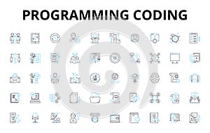Programming coding linear icons set. Syntax, Algorithms, Debugging, Variables, Loops, Functions, Classes vector symbols
