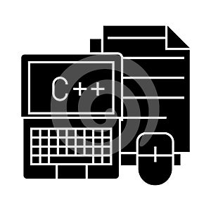 Programming - coding - notebook, mouse, docs icon, vector illustration, black sign on isolated background