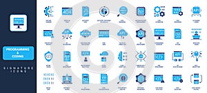 Programming and coding, program code and software, application development glyph icon set
