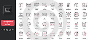 Programming and coding, program code and software, application development line icon set