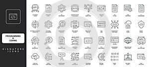 Programming and coding, program code and software, application development line icon set