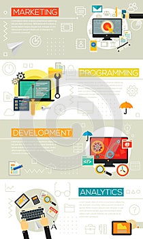 Flat and linear concept banners. Programming, Development, Analytics and Coding Concept Banners