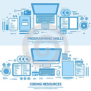 Programming, coding and SEO. Web development. Search engine optimization. Code, hardware and software. Flat blue outline