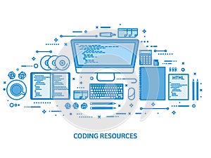 Programming, coding and SEO. Web development. Search engine optimization. Code, hardware and software. Flat blue outline