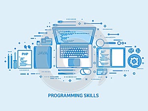 Programming, coding and SEO. Web development. Search engine optimization. Code, hardware and software. Flat blue outline