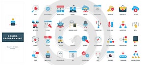 Programming and coding, software development and bug testing, program code color icon set