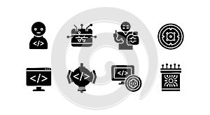 Programming and coding technology icons set with developer and artificial intelligence robot vector illustration